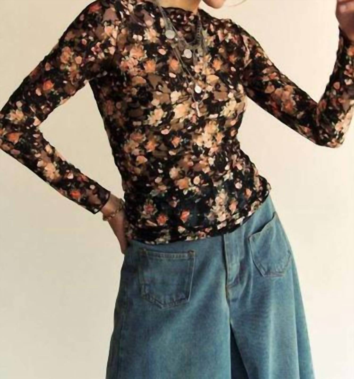 Davi & Dani - Mesh Long Sleeve Layering Top - black - blouses - clothing