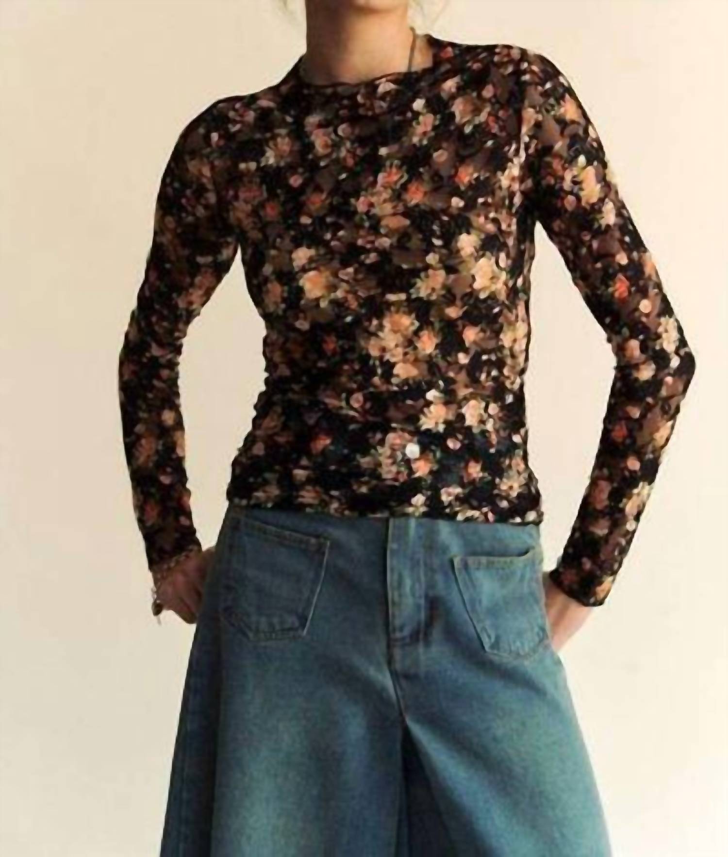 Davi & Dani - Mesh Long Sleeve Layering Top - black - blouses - clothing