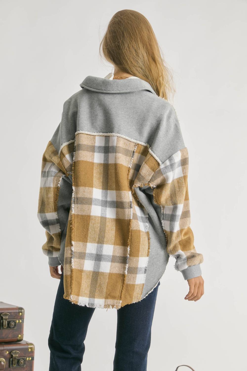 Davi & Dani - Mixed Plaid Button Front Jacket