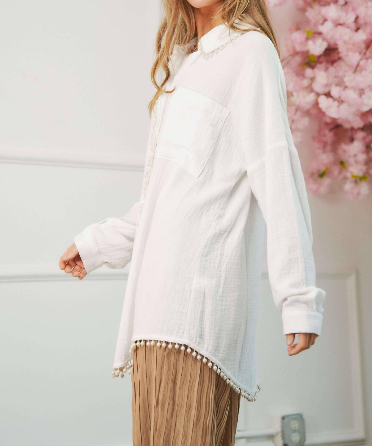 Davi & Dani - Pearl Embellishment Button Front Shirt - Plus