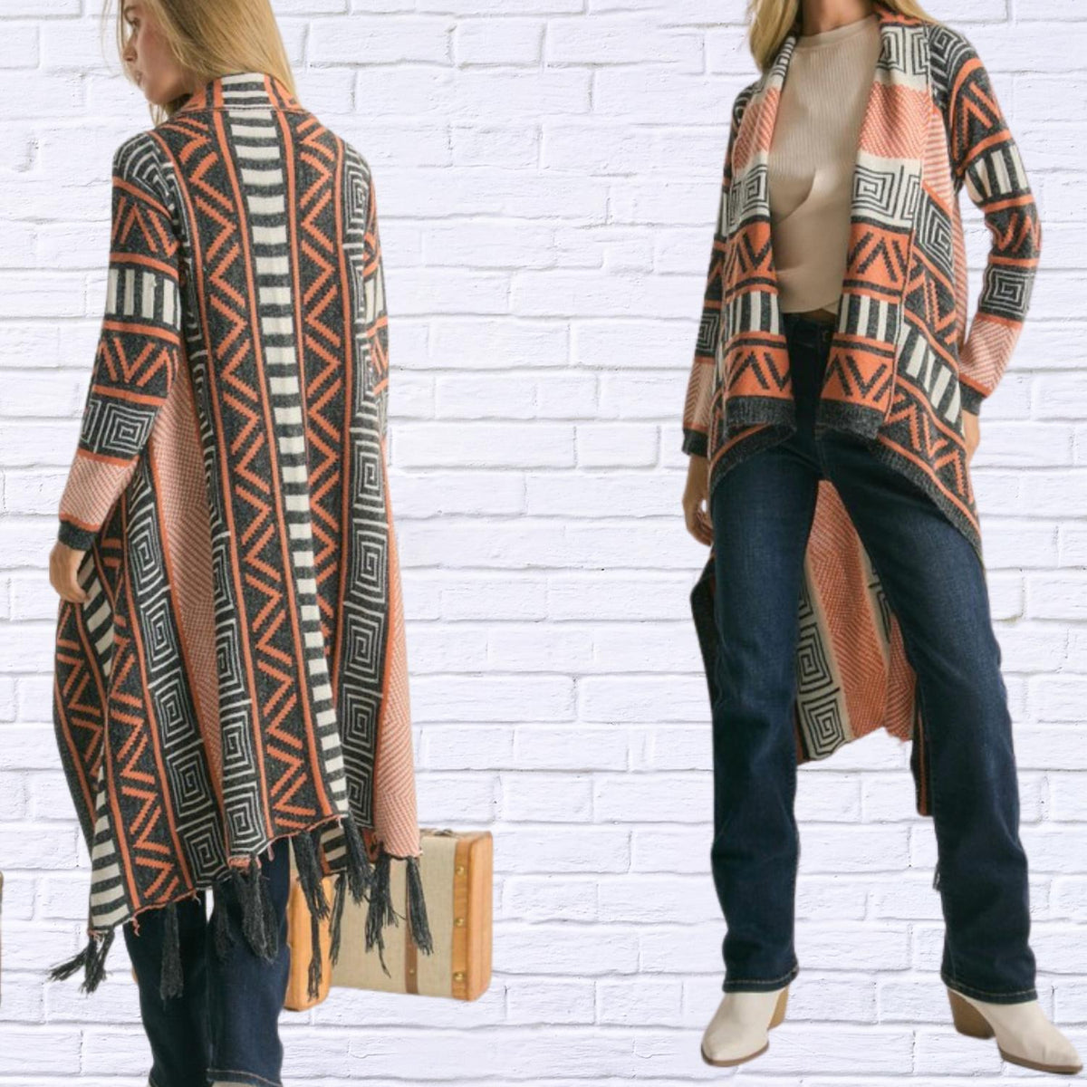 Davi & Dani - Printed Shawl Fringed Hem Cardigan