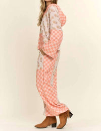 Davi & Dani - Retro Floral Checkered Patchwork Hoodie Lounge Set