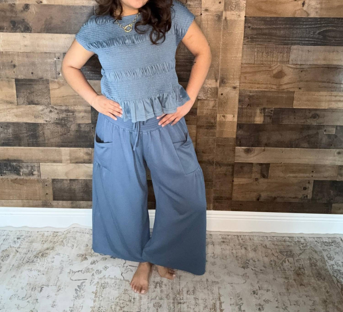 Davi & Dani - Ruched Ruffle Pant & Short Sleeve Top Set