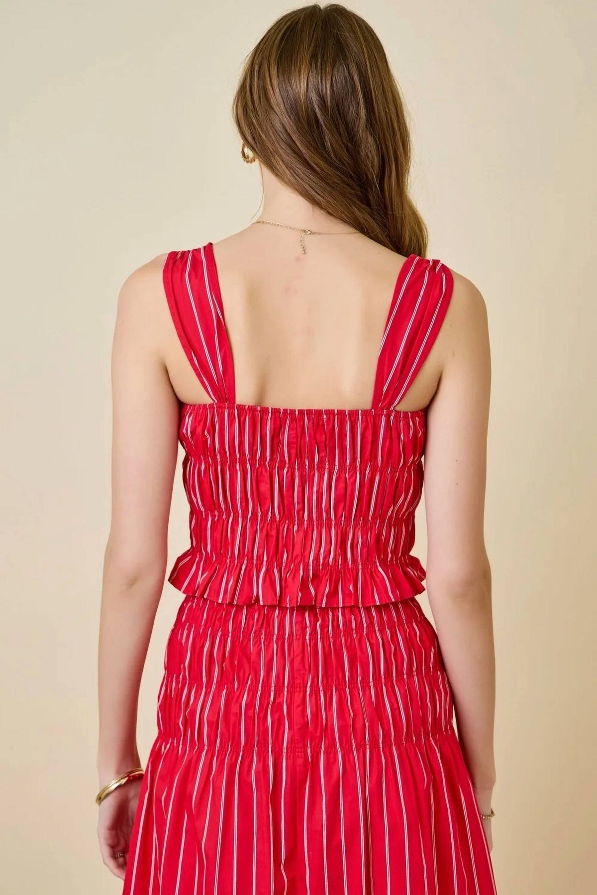 Day + Moon - Striped Smocked Cropped Top With Ruffle Hem