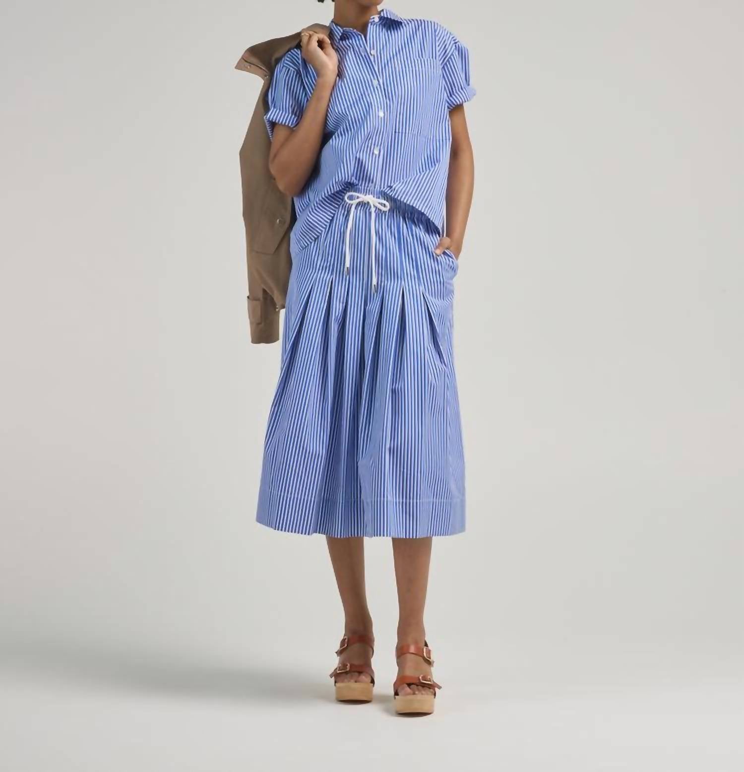Arlo Mott Clark Split Back Top in blue stripe - women's blouse - detail view