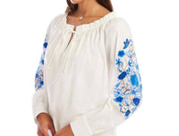 Karen Kane - Embroidered Blouson Sleeve Tie-Neck Peasant Top