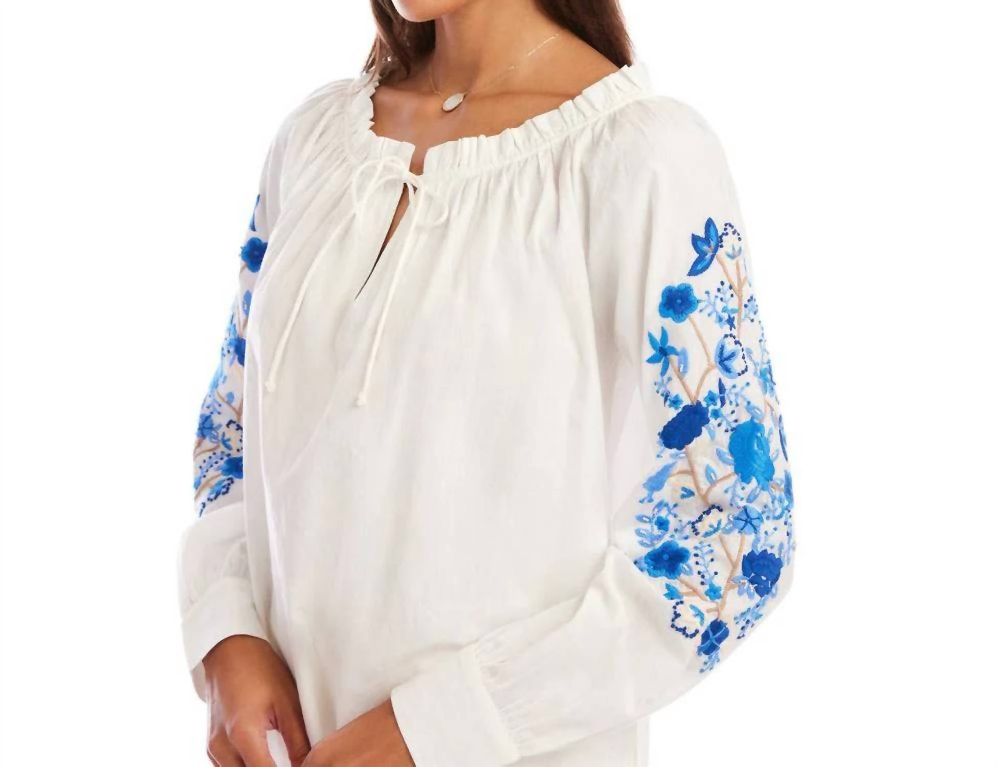 Karen Kane - Embroidered Blouson Sleeve Tie-Neck Peasant Top