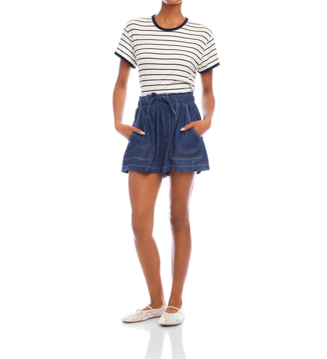Fifteen Twenty Carreen Washed Down Tencel Patch Pocket Shorts in indigo - women's shorts - detail view