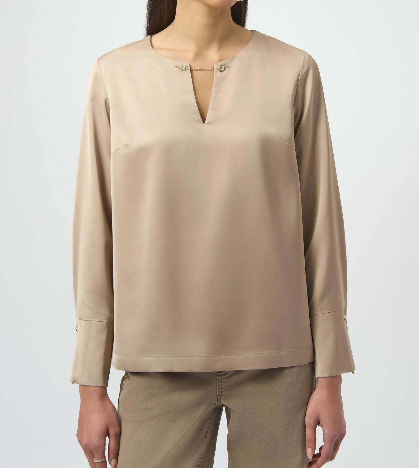 Joseph Ribkoff Recycled Satin Top in fawn - women's long sleeve top
