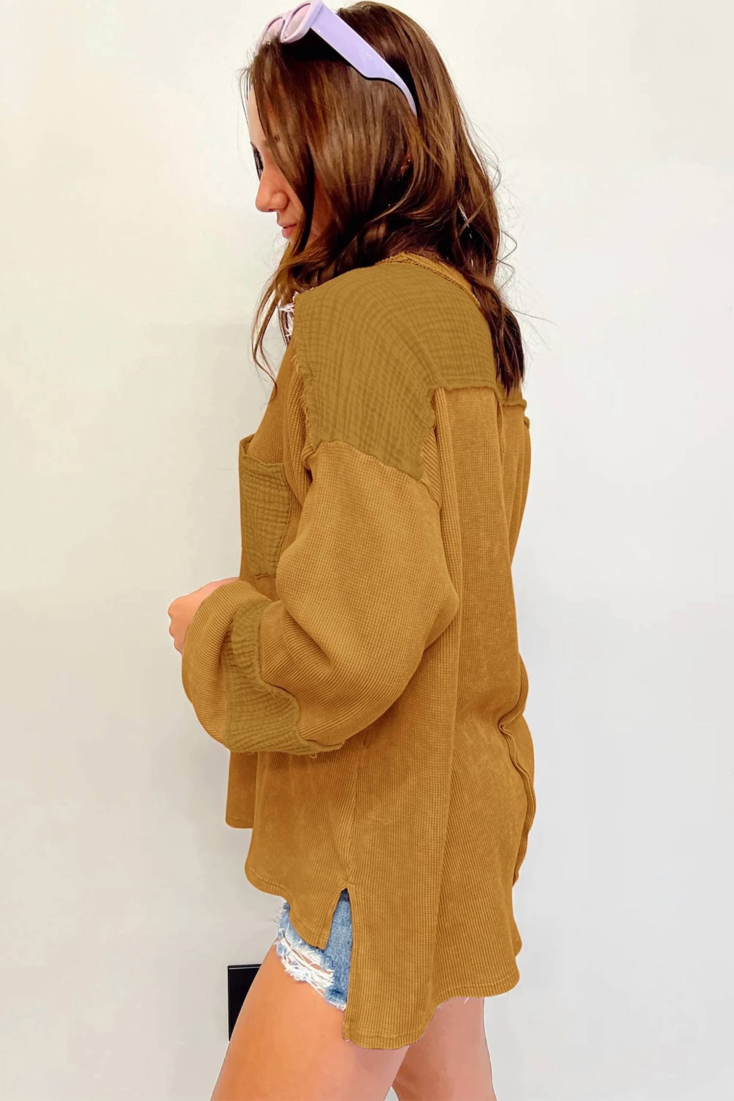 Shewin - Waffle Crinkle Patchwork Long Sleeve Top