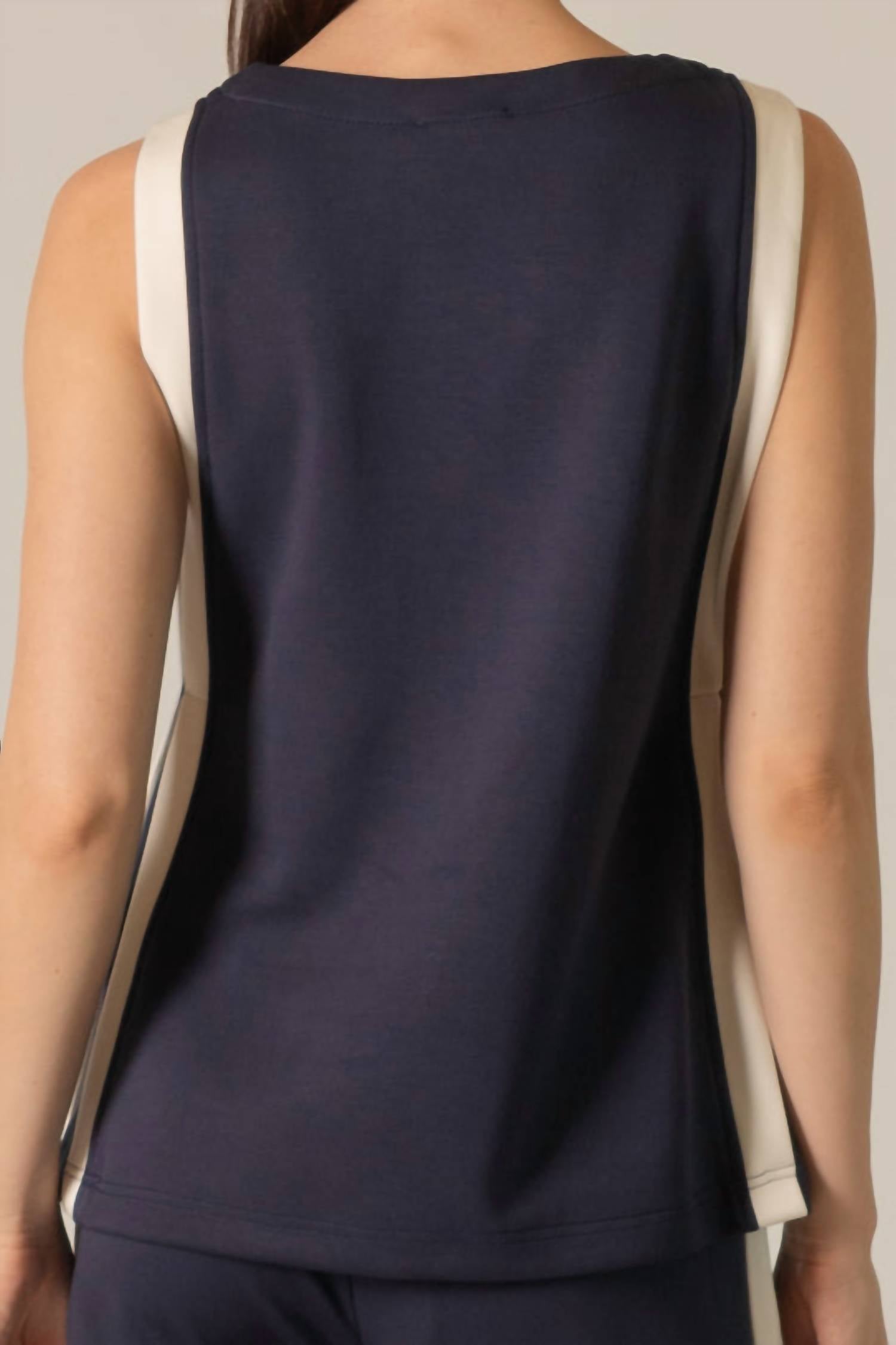 P.CILL Cara Contrast Border Top in navy - women's blouse - detail view