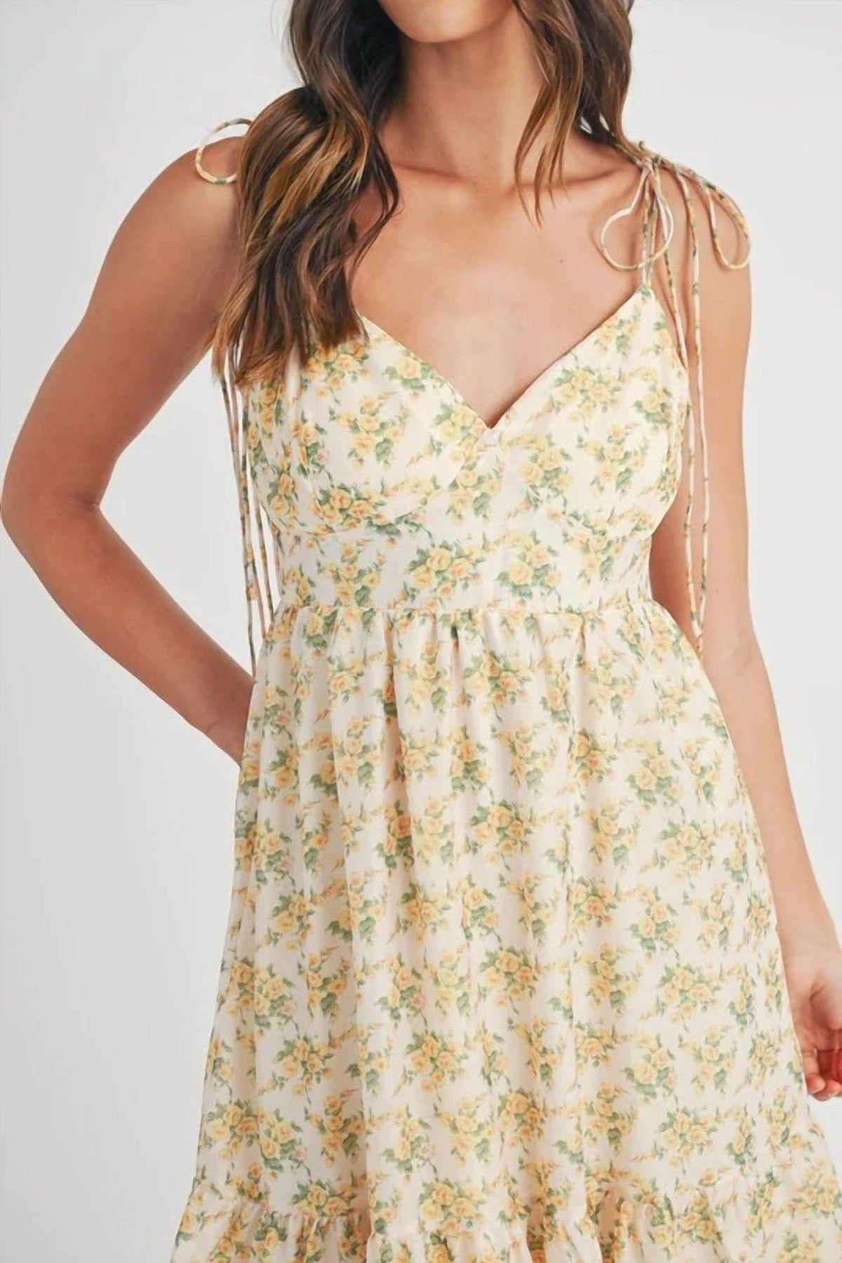 Mable - Floral Print Double Self Tie Tiered Midi Dress