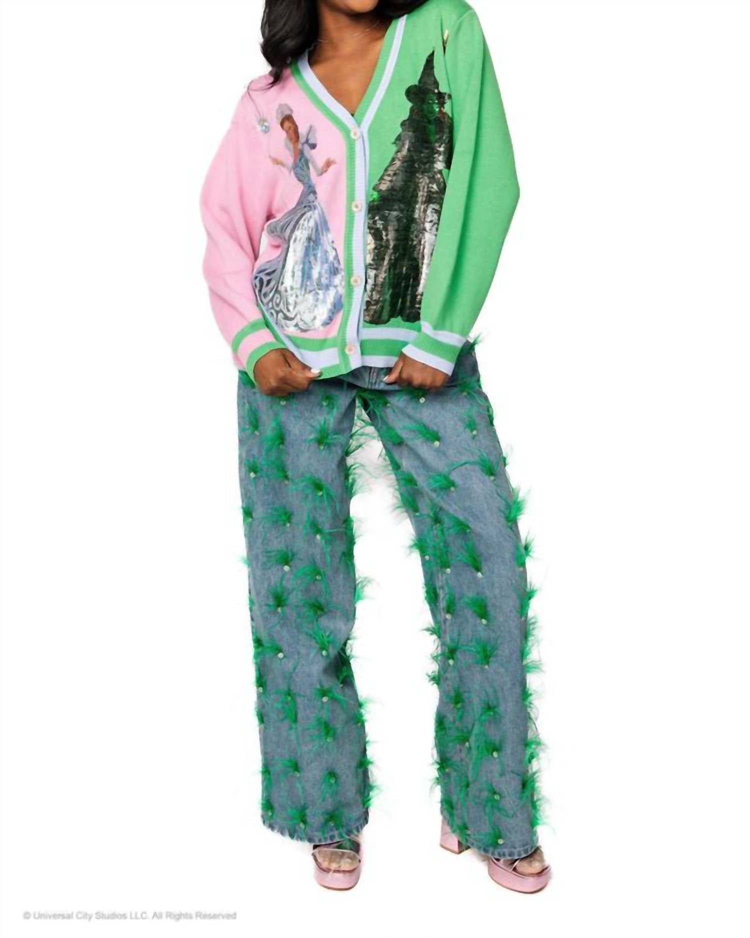 QUEEN OF SPARKLES Licensed Colorblock Glinda & Elphaba Button Up Cardigan in pink green - women's sweater - view 4
