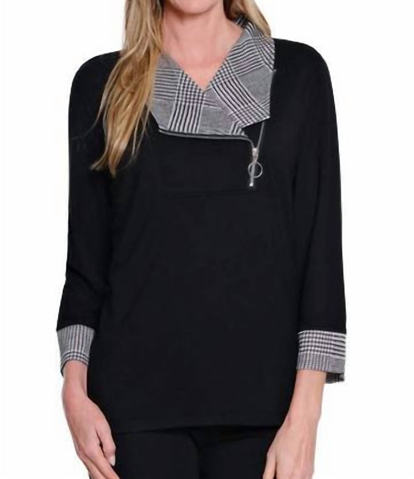 Multiples - Plaid Cuffed 3/4 Sleeve Knit Top