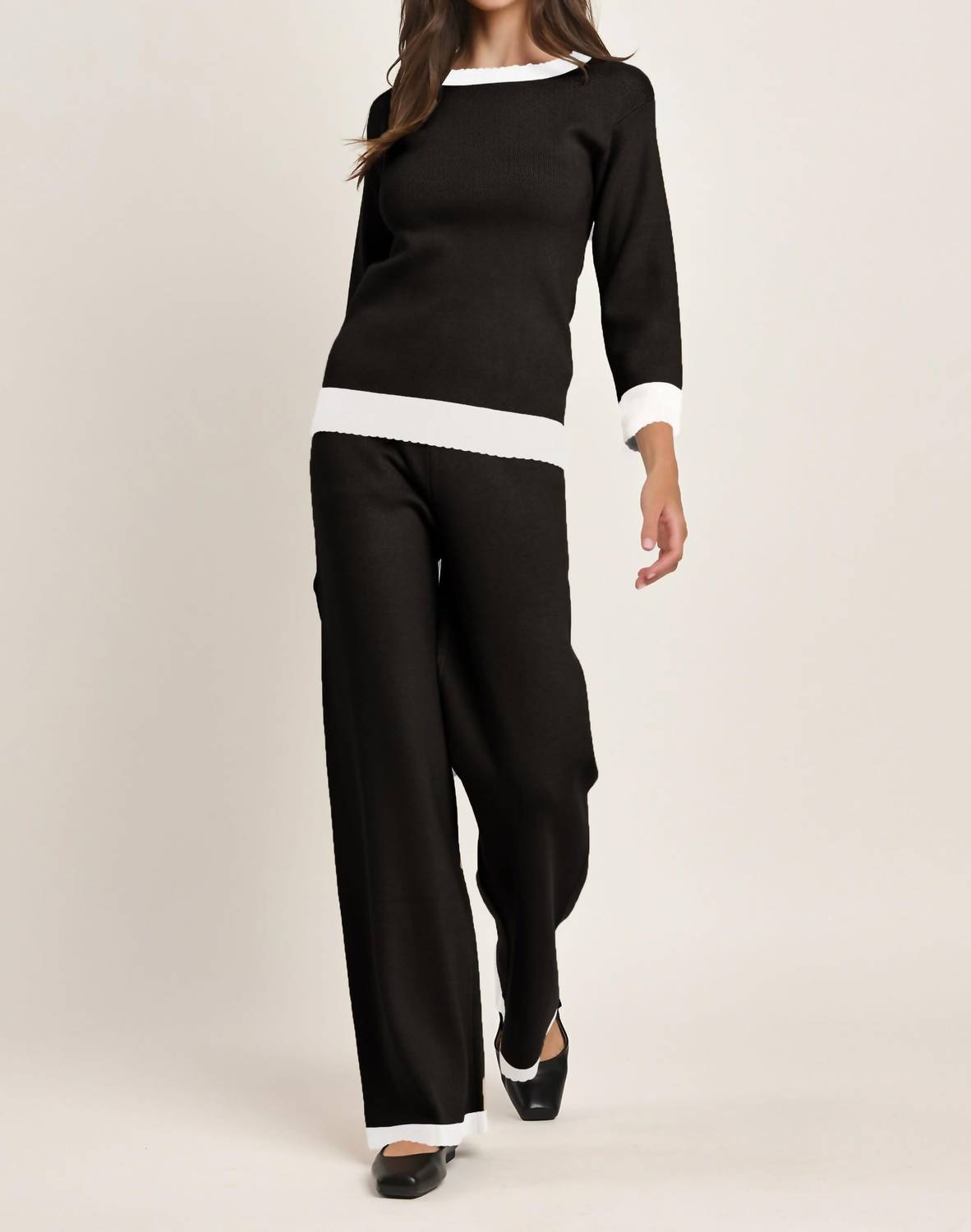 Able - Colorblock Sweater Top & Pants Set W/ Scalloped Edges