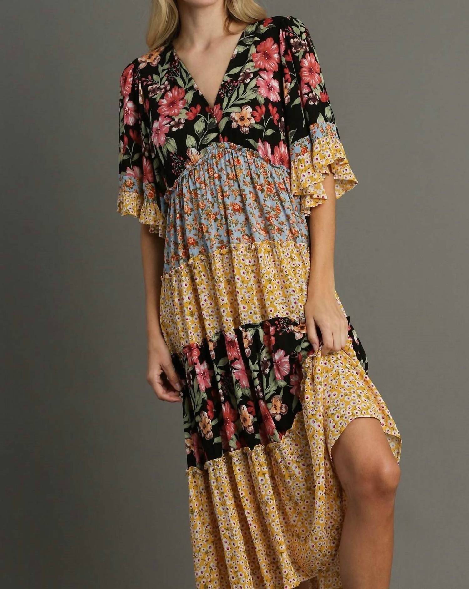 Umgee - Mixed Floral Print Bohemian Midi Dress