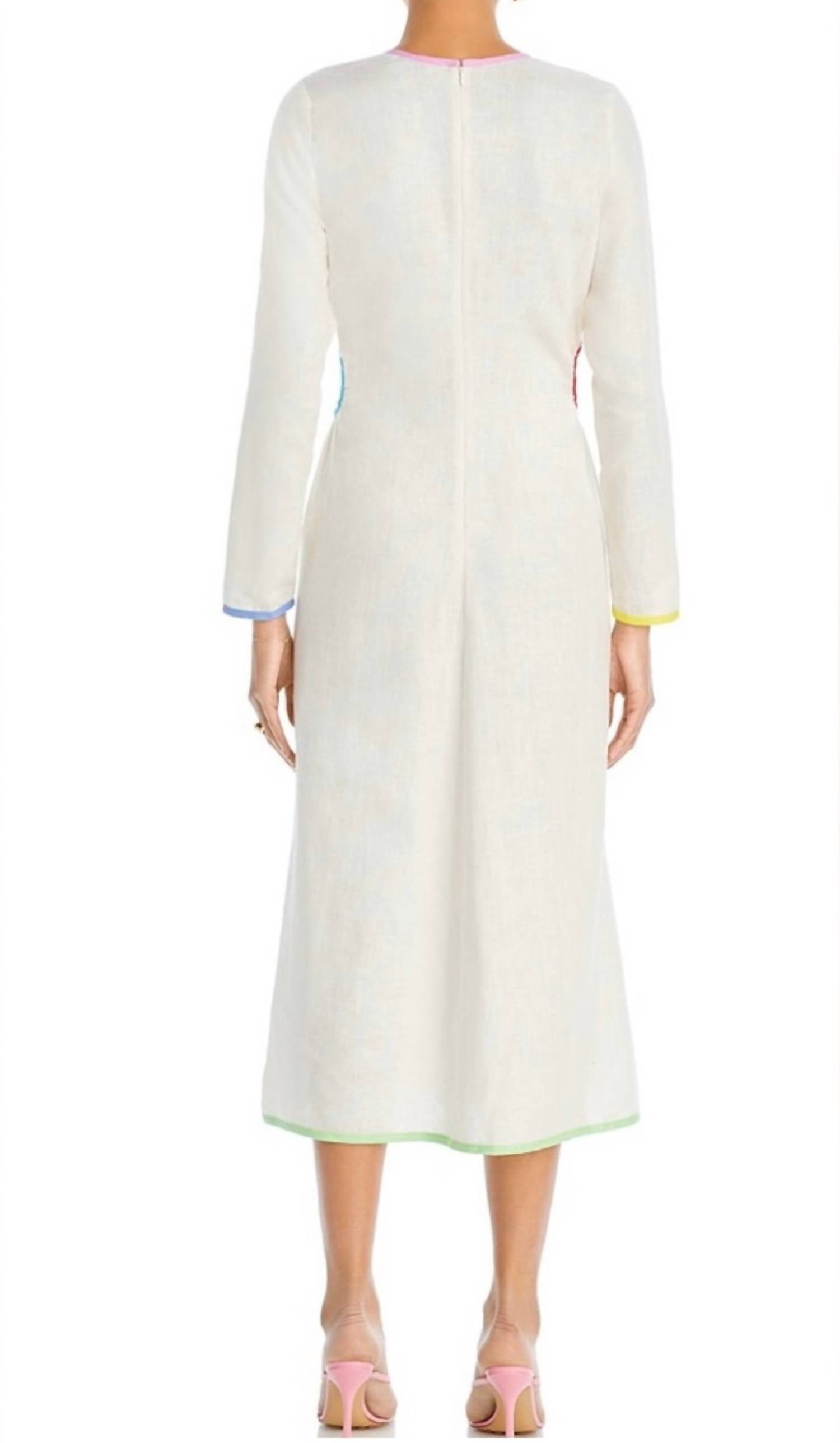 RHODE Thierry Linen Midi Dress in macadamia rainbow piping - women's dress - detail view