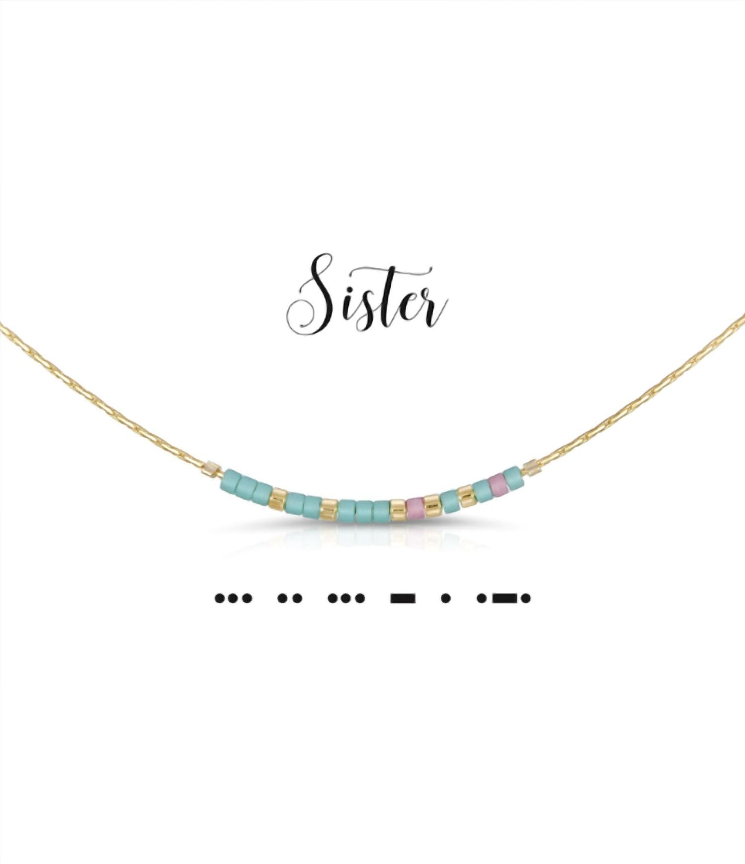 Dot & Dash Design Women's Sister Morse Code Necklace in light aqua dusty rose - women's jewelry - alternate view