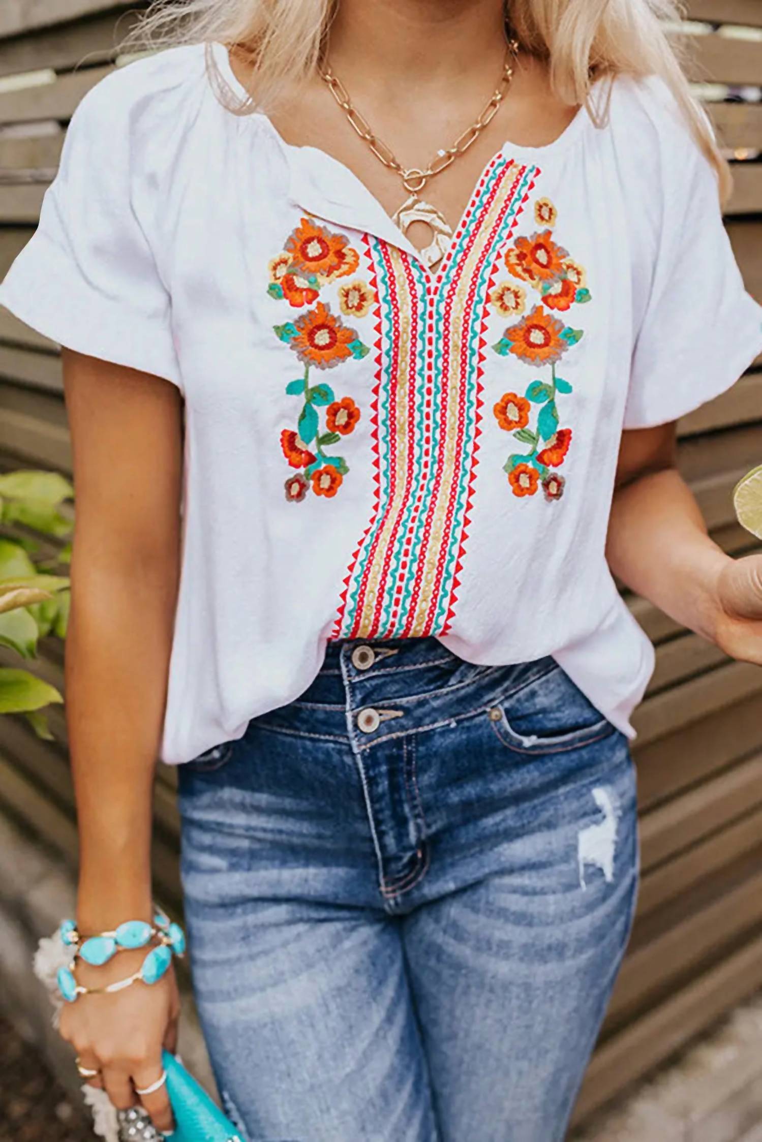 Full Time Purchase Floral Embroidery Top in white - women's blouse - detail view