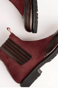 PENELOPE CHILVERS Women's Oscar Brogue-tip Wool-lined Boots in burgundy suede 1 - women's shoe - detail view
