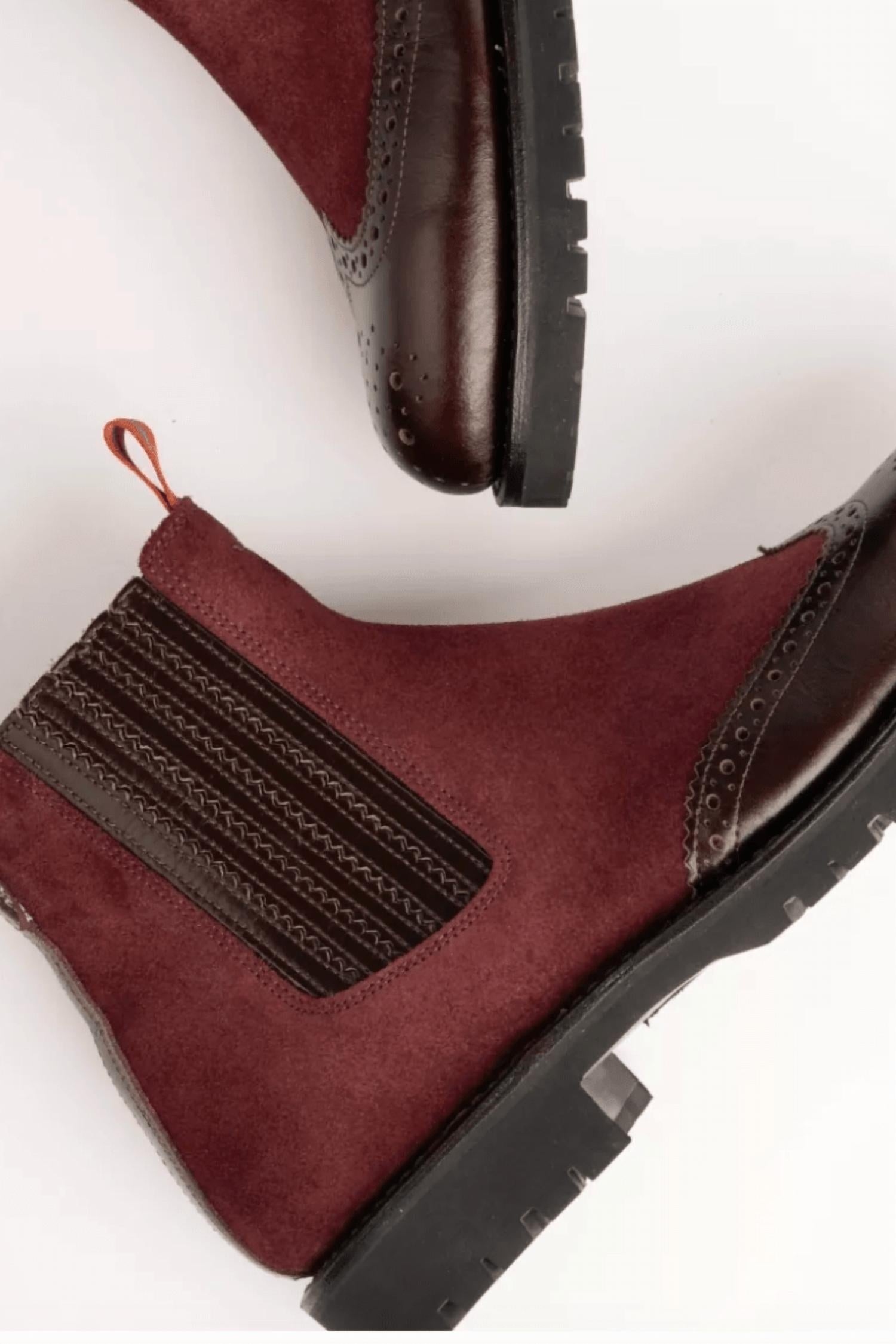 PENELOPE CHILVERS Women's Oscar Brogue-tip Wool-lined Boots in burgundy suede 1 - women's shoe - detail view