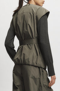 Saint Art Elijah Oversized Taffeta Belted Vest in dusty olive - women's jacket - detail view