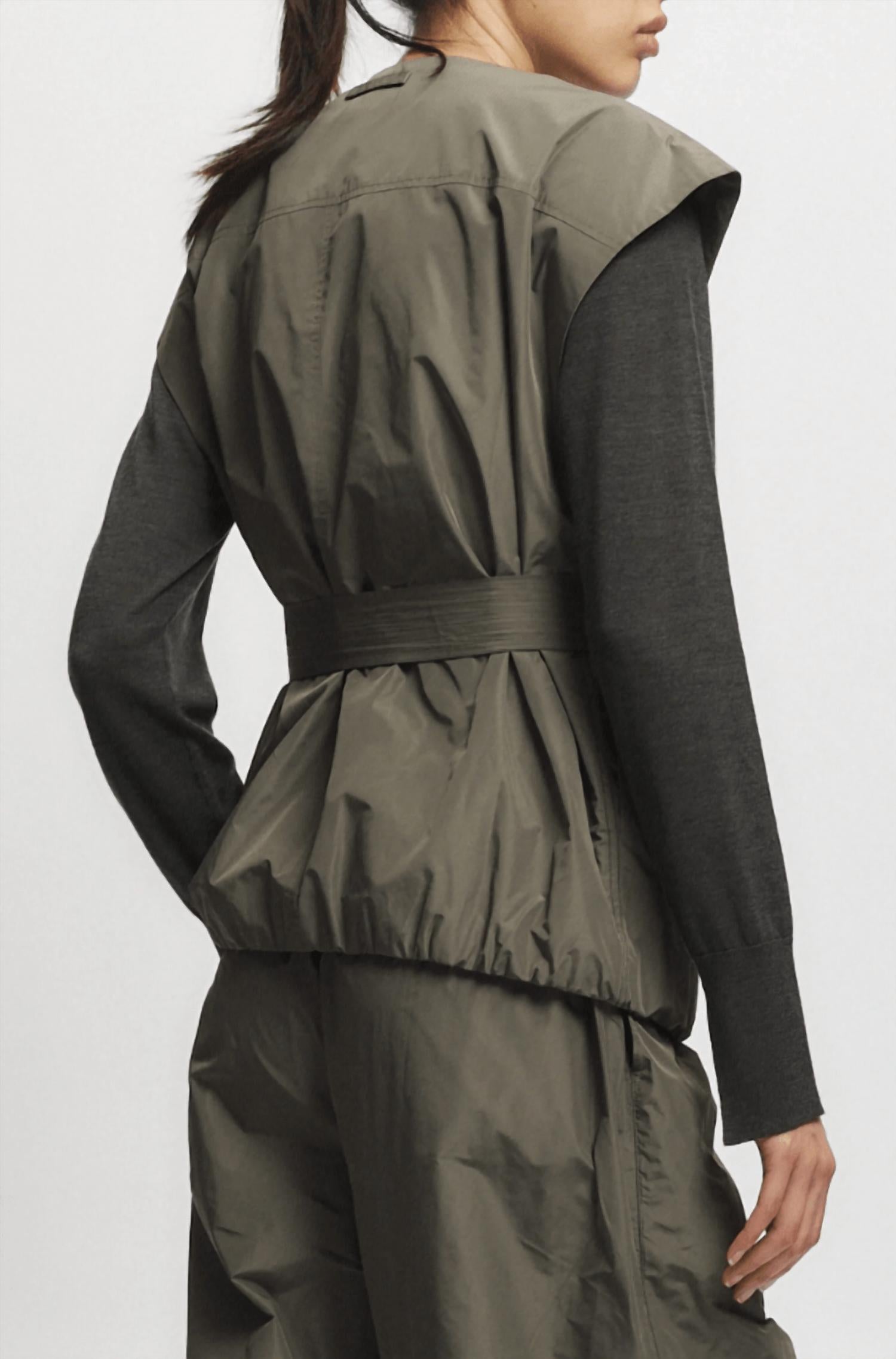 Saint Art Elijah Oversized Taffeta Belted Vest in dusty olive - women's jacket - detail view