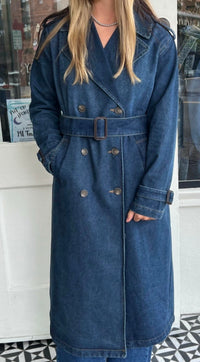 Blu Pepper Notch Collar Trench Coat in denim - women's jacket - detail view