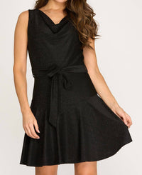 She + Sky - Sleeveless Cowl Neck Lurex Flare Dress With Sash
