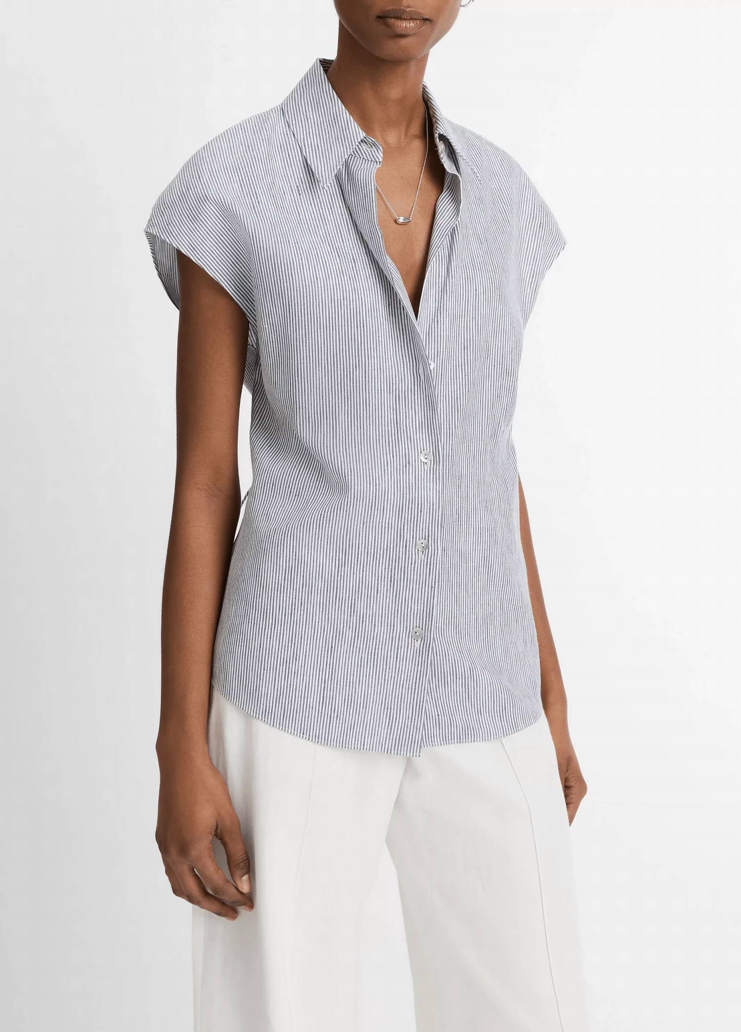 Vince - Ticking Stripe Linen-cotton Cap Sleeve Blouse