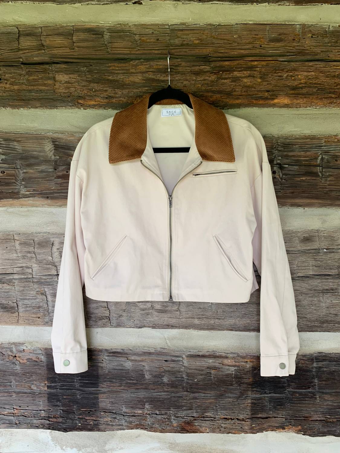SAGE THE LABEL Bramble Cropped Barn Jacket in brown - women's jacket - detail view
