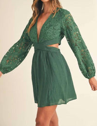 Mable - Long Sleeve Deep V-neck Mini Dress
