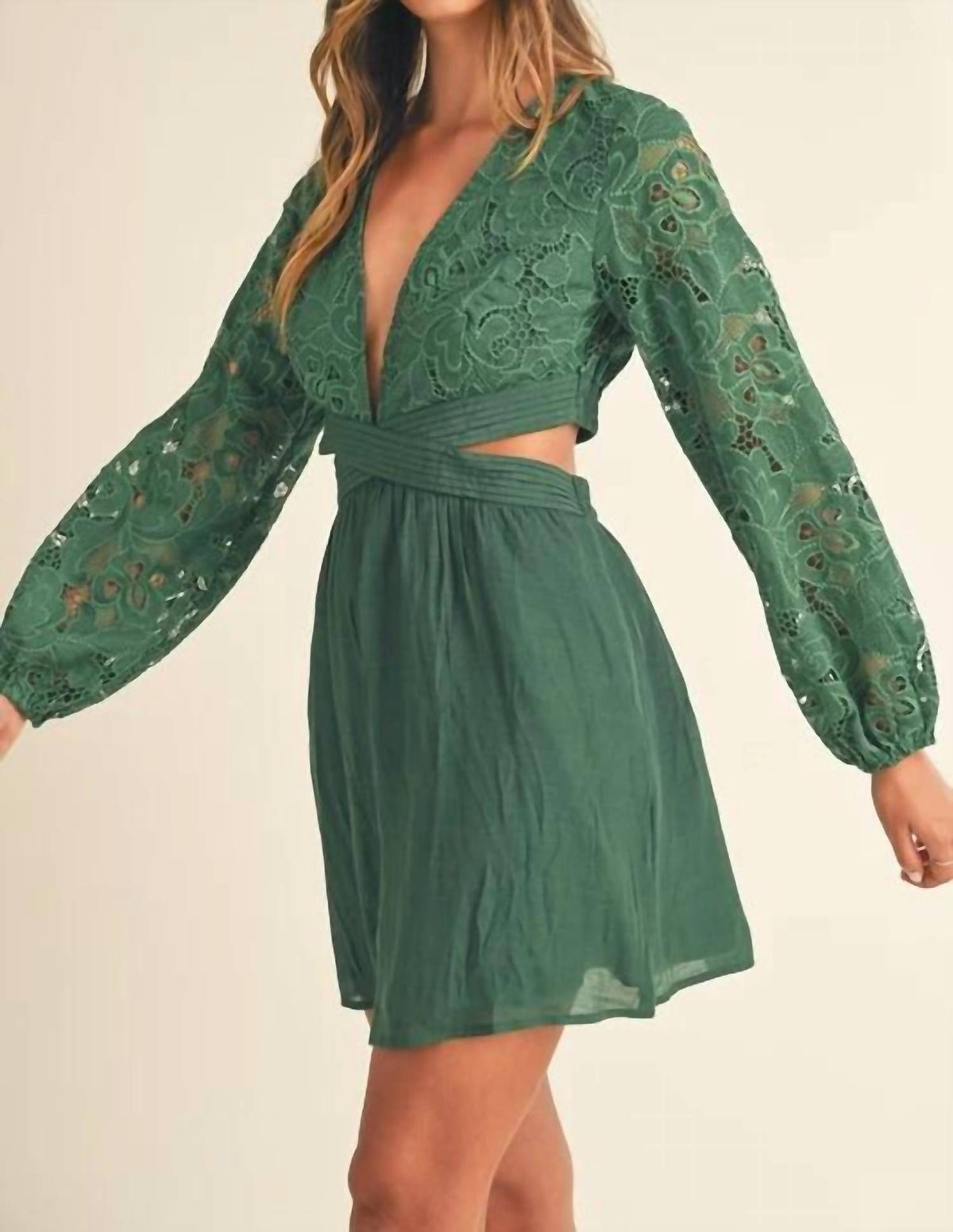 Mable - Long Sleeve Deep V-neck Mini Dress