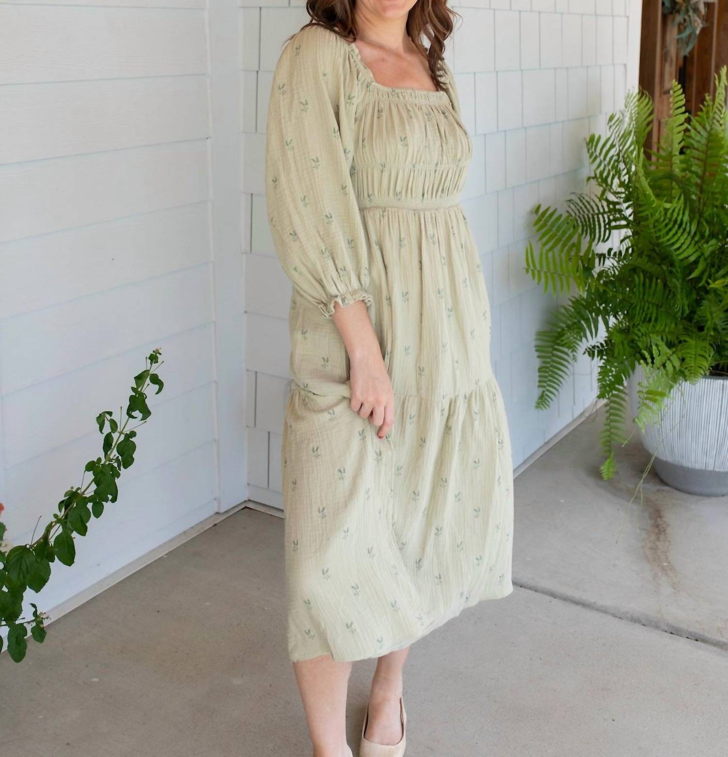 GRADE & GATHER Garden Gauze Midi Dress in green - women's dress