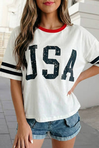 Aapparella - Usa Letter Print Striped Sleeve Tee