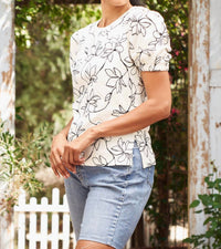 PAPARAZZI Embroidered French Terry Puff Sleeve Top in ivory black - women's blouse - alternate view