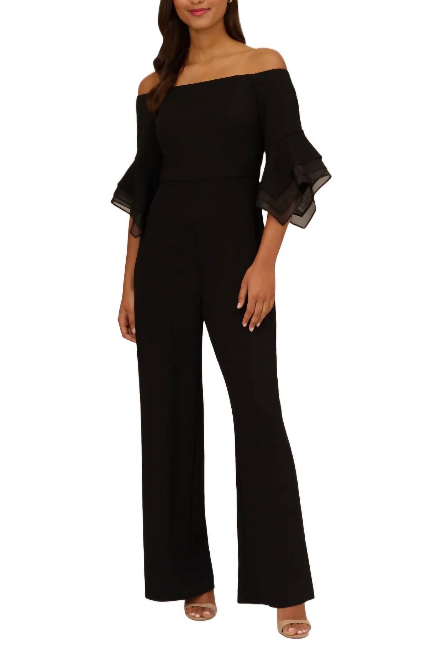 Adrianna Papell - Off Shoulder Flounce Sleeve Zipper Back Jumpsuit