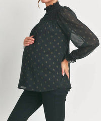 Hello Miz - Smocked Mock Neck Polka Dot Maternity Top
