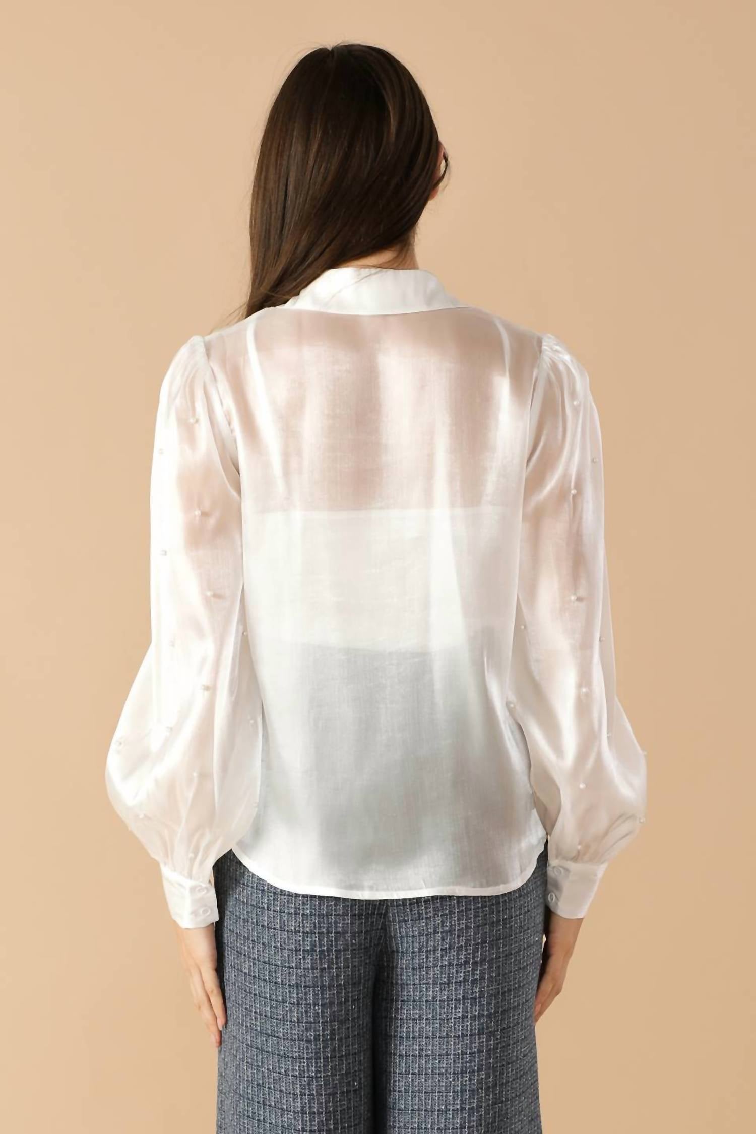 FLYING TOMATO The Lumière Organza Top in white - women's long sleeve top - detail view