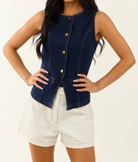 She + Sky - Stretched Denim Button Down Blazer Vest