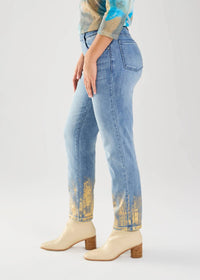 FDJ Portia Pull On Pencil Ankle Denim Jeans in blue and gold - women's jeans - detail view