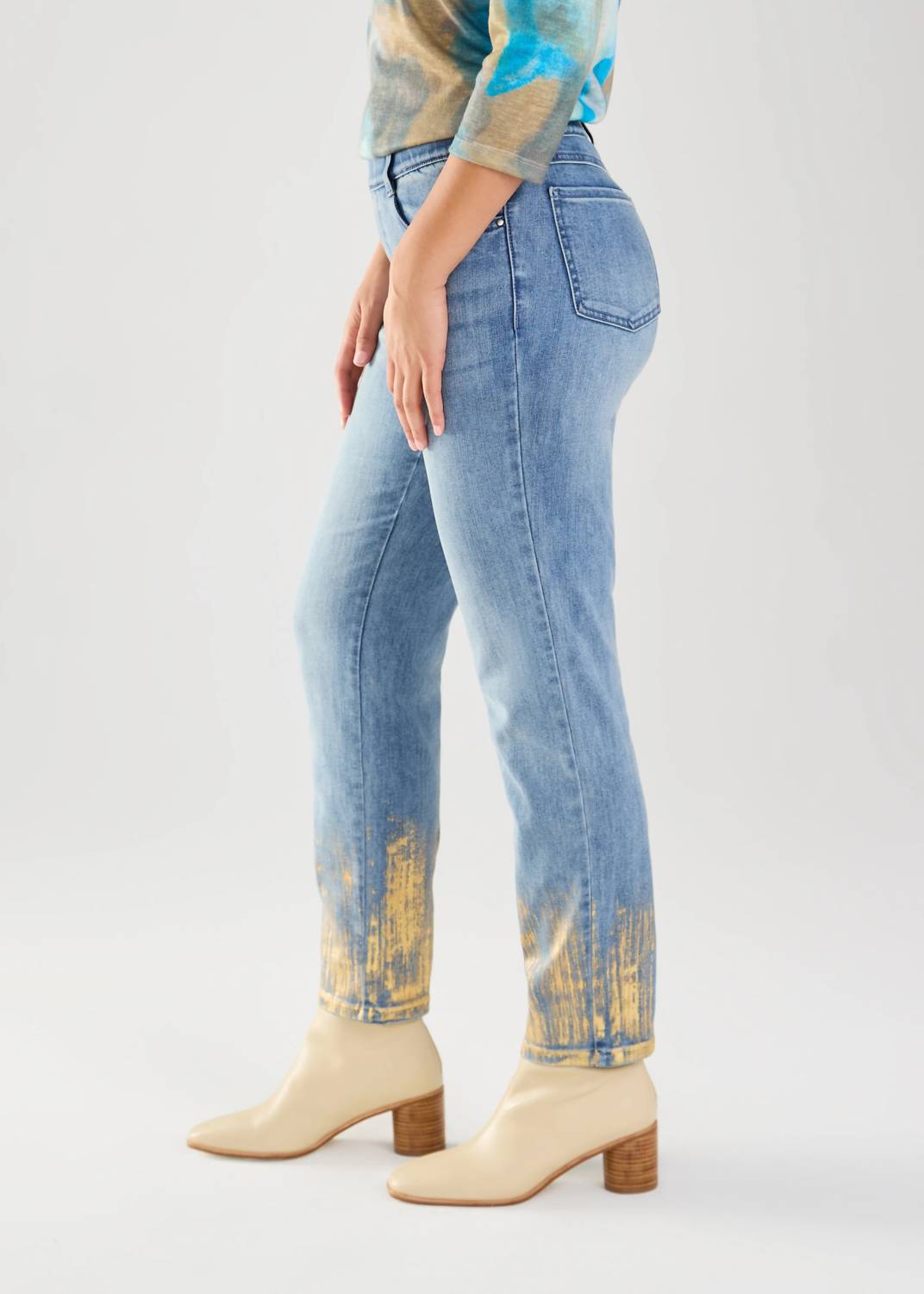 FDJ Portia Pull On Pencil Ankle Denim Jeans in blue and gold - women's jeans - detail view