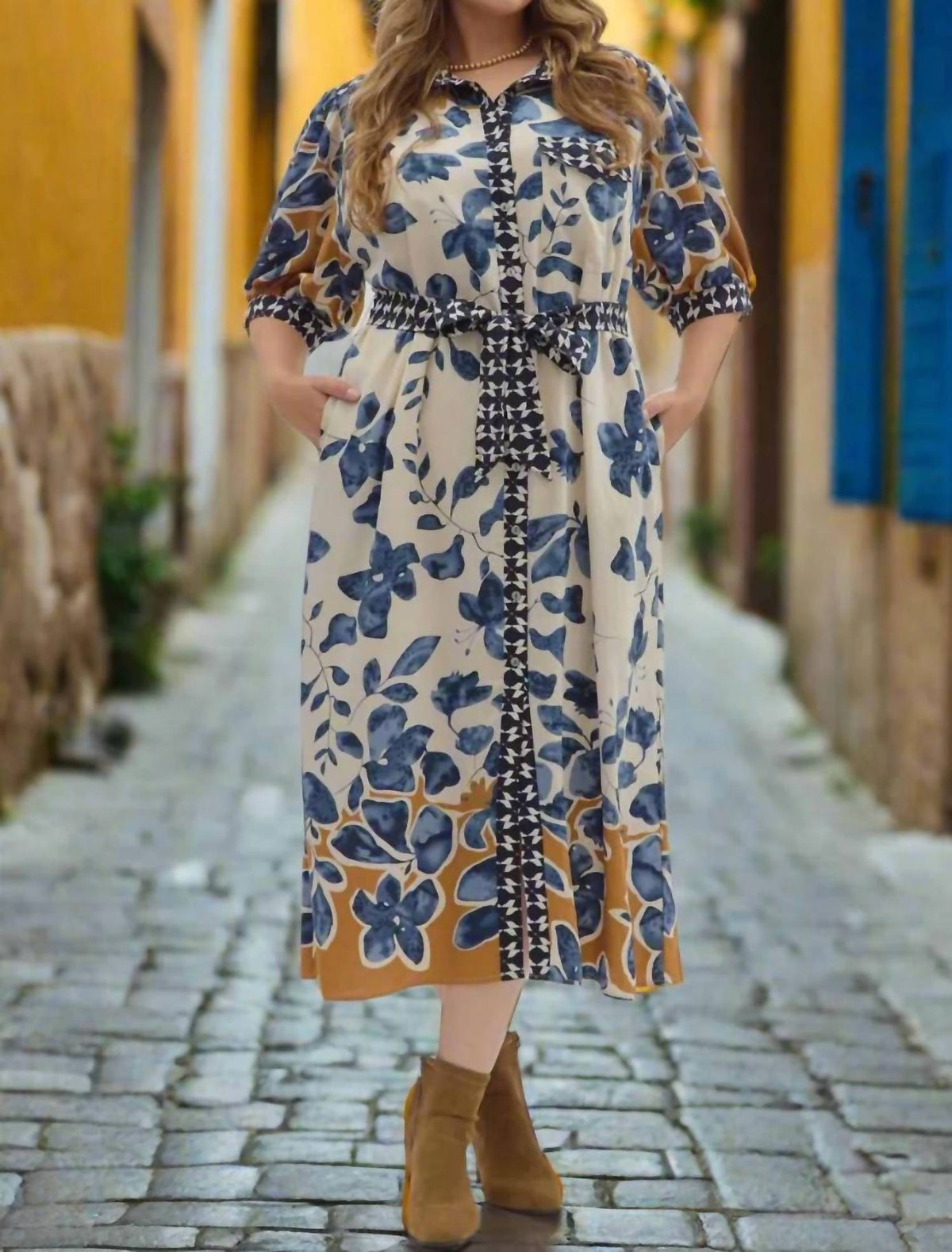 Entro - Botanical Midi Shirt Dress With Tie Waist - Plus