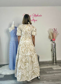 Big Hit Fashion - Woven Palm Print Bubble Sleeve Maxi Dress