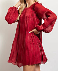Glam - Ava Long Sleeve Pleated Shift Mini Dress