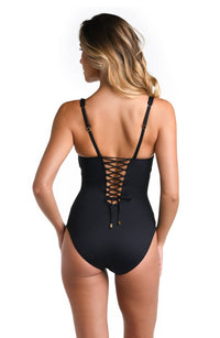 La Blanca Over The Shoulder One Piece Swimsuit in black - women's swimwear - detail view
