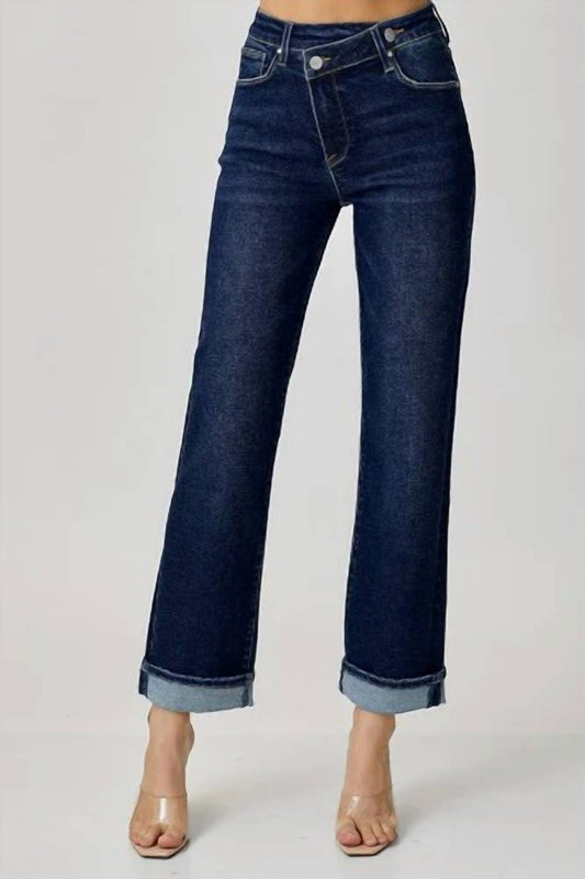 Risen - Mid Rise Cross Over Straight Leg Jeans