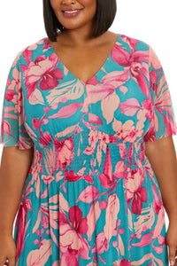 London Times - Botanical Smocked Waist A-line Maxi Dress - Plus