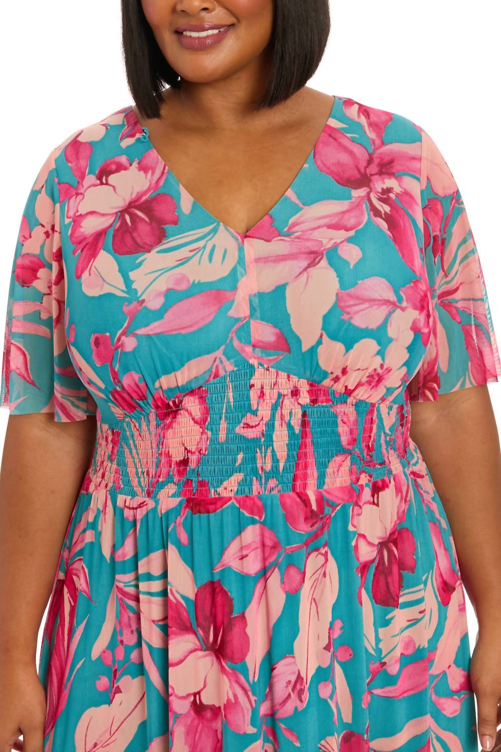 London Times - Botanical Smocked Waist A-line Maxi Dress - Plus