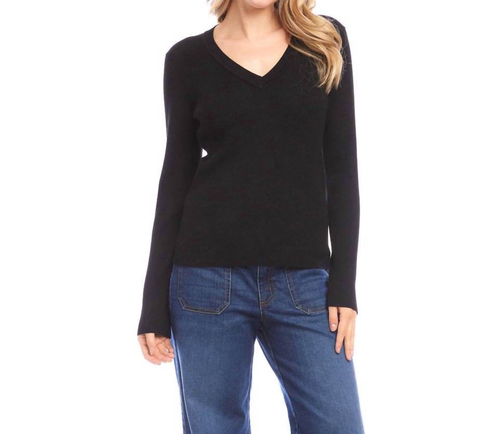 Karen Kane Ribbed V-Neck Sweater in black - women's sweater